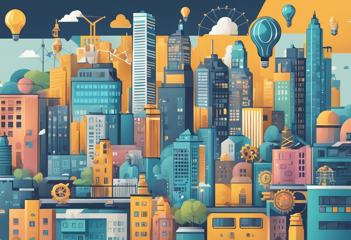 Une ligne d'horizon urbaine animée avec une variété de bâtiments représentant différentes industries, entourée de symboles de risque et d'innovation tels que des ampoules et des engrenages.