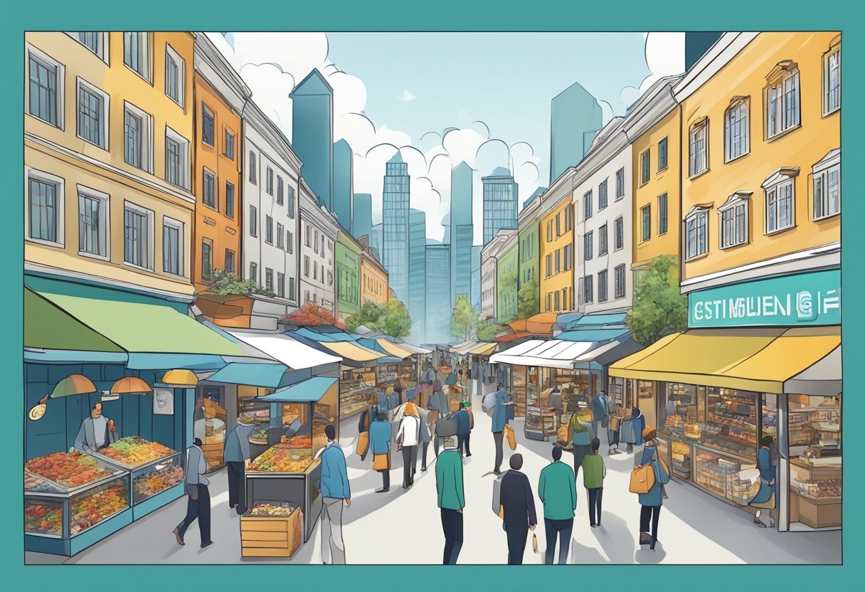 Un marché animé avec des entreprises et des produits divers, représentant le rôle central du risque et de l'innovation dans la dynamique de l'économie.