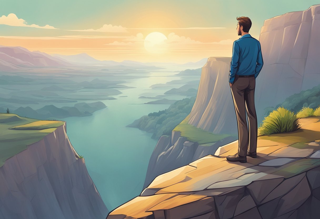 Un entrepreneur se tenant au bord d'une falaise, regardant un paysage vaste et incertain, symbolisant la caractéristique fondamentale de la prise de risque dans la conduite de l'économie par l'innovation.